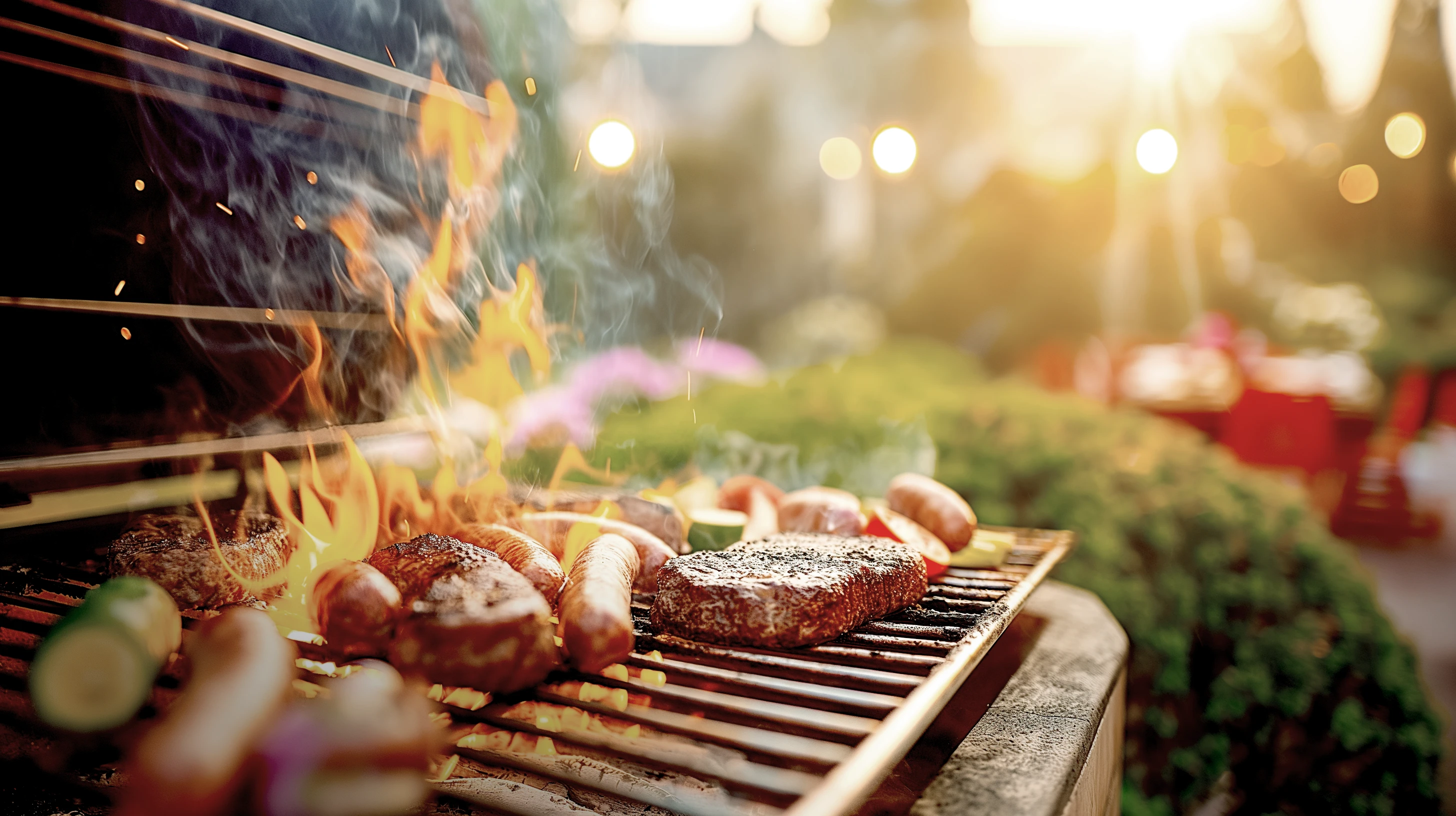 Feuriger Grill mit Lebensmitteln darauf